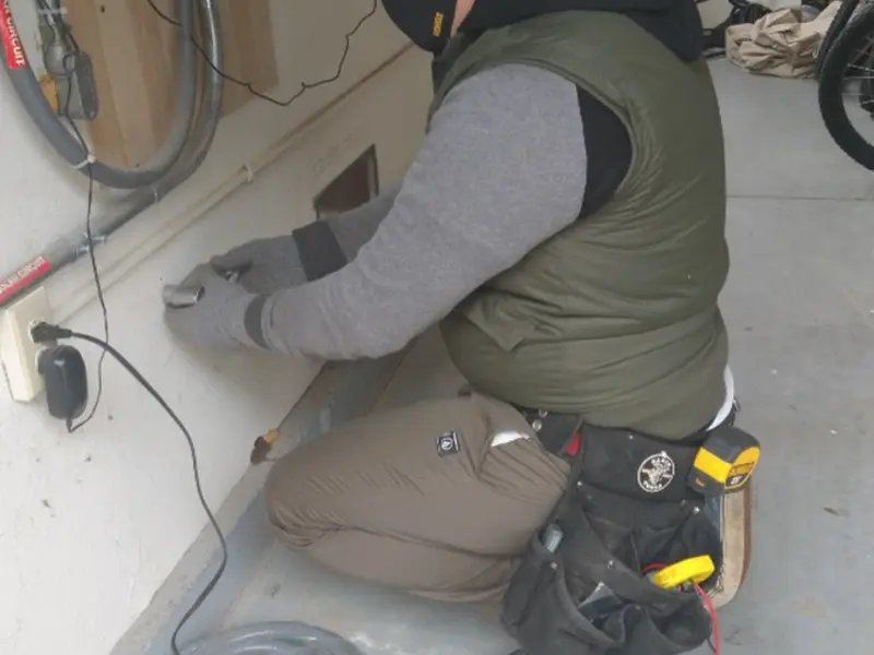 Electrician performing outlet wiring in a Colesville garage